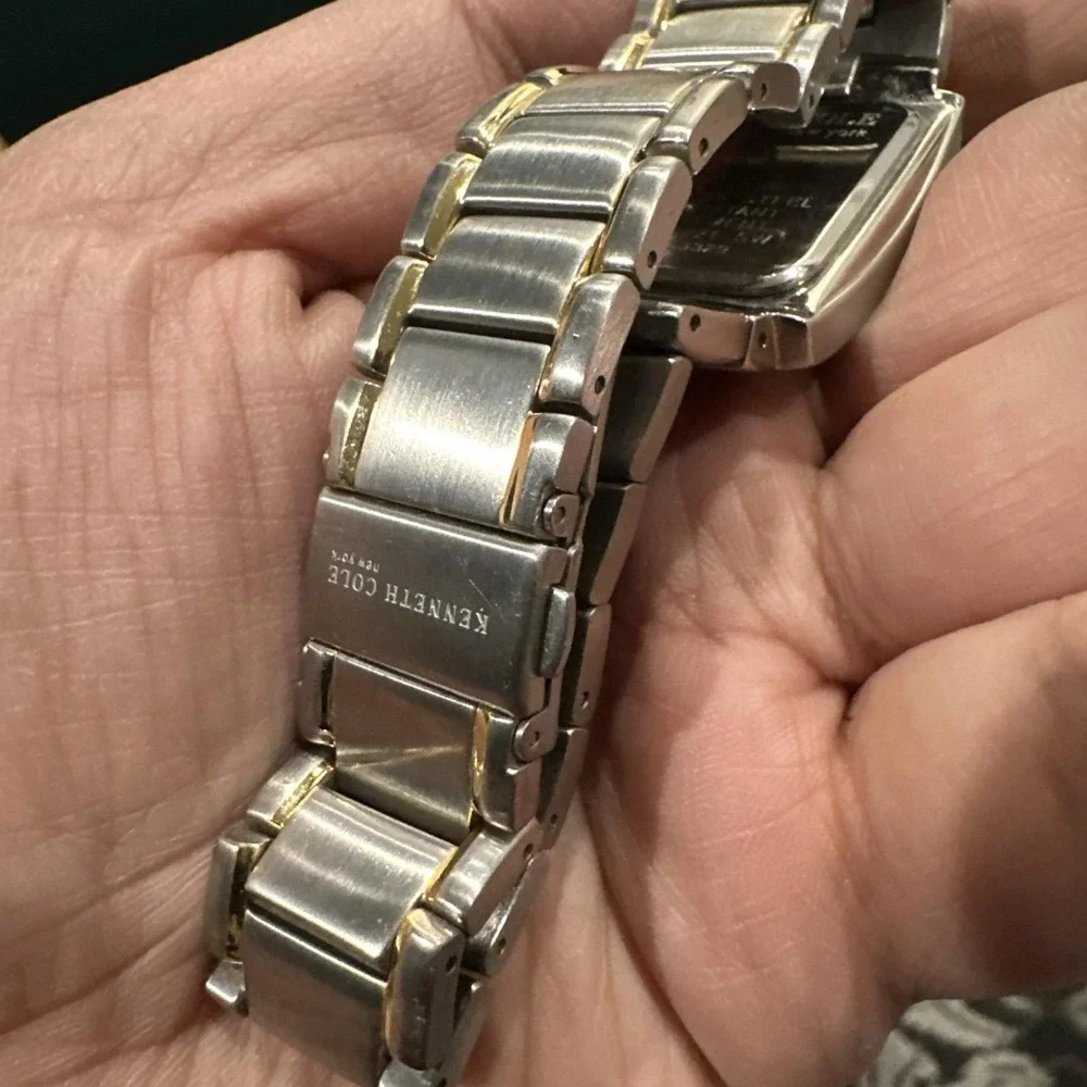 Working Kenneth Cole Square Men's Watch All Steel Two Tone Date 32.5mm 8in